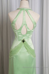 Vintage Light Green Mermaid Halter Satin Beaded Long Semi Formal Prom Dress